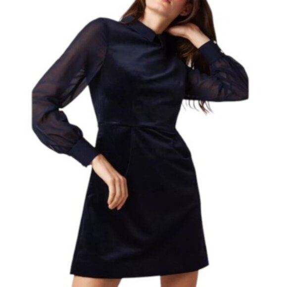 Ted Baker navy blue velvet sheer sleeves A-line flare skirt collar dress size 10 - Picture 3 of 12